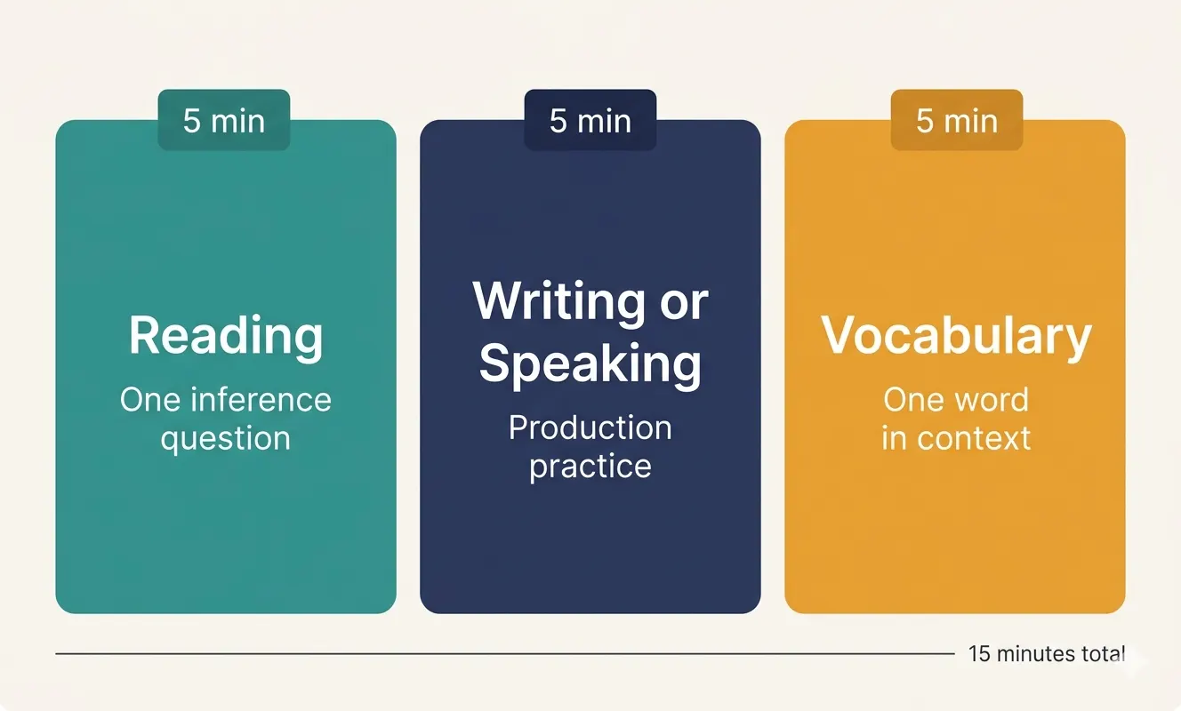 A simple three-block diagram showing the 15-minute English routine divided into five minutes of reading with an inference question, five minutes of writing or speaking practice, and five minutes of vocabulary exposure.