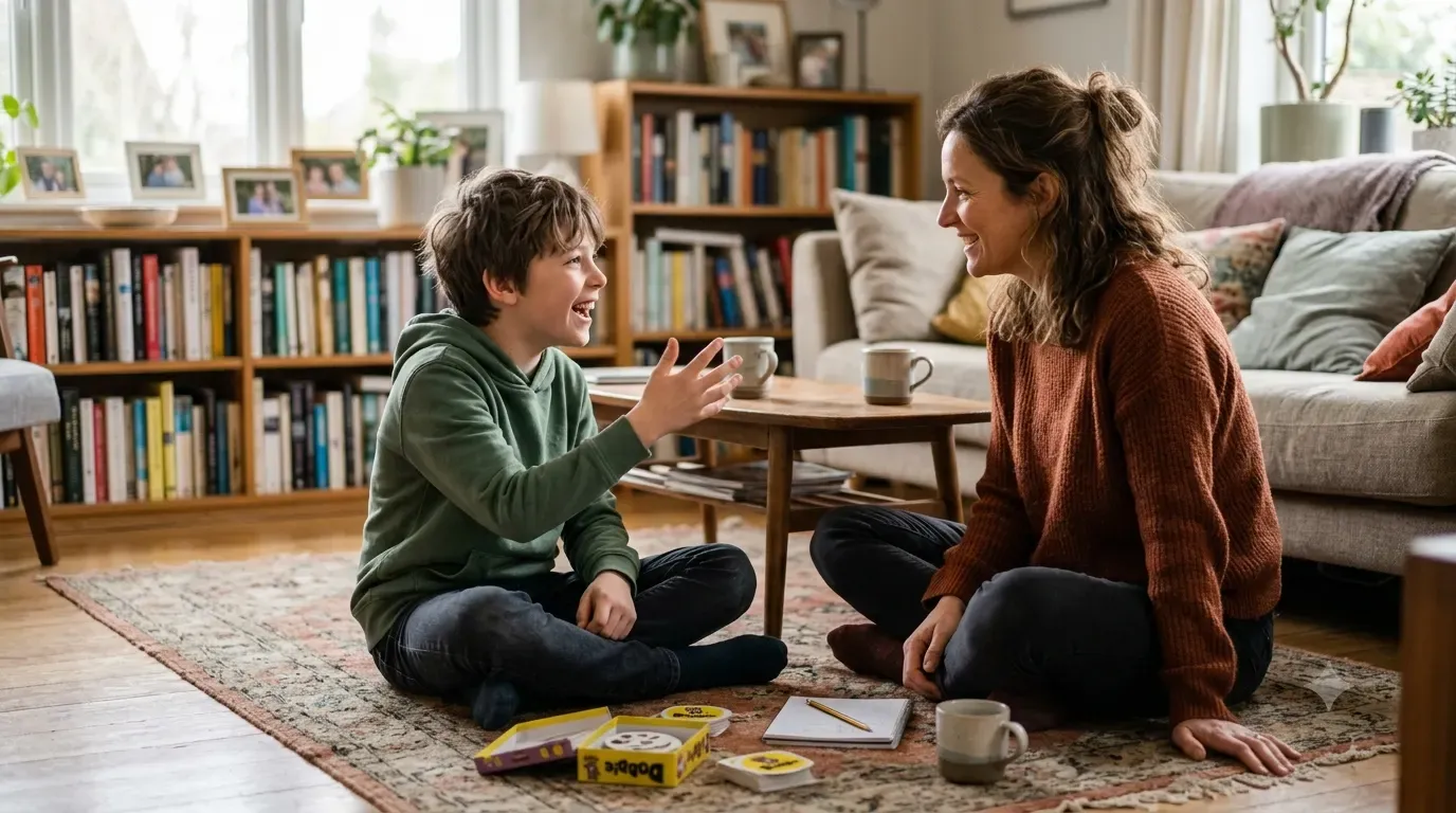A child laughing and talking with a parent in a casual home setting, naturally encountering and using new vocabulary words through conversation and play