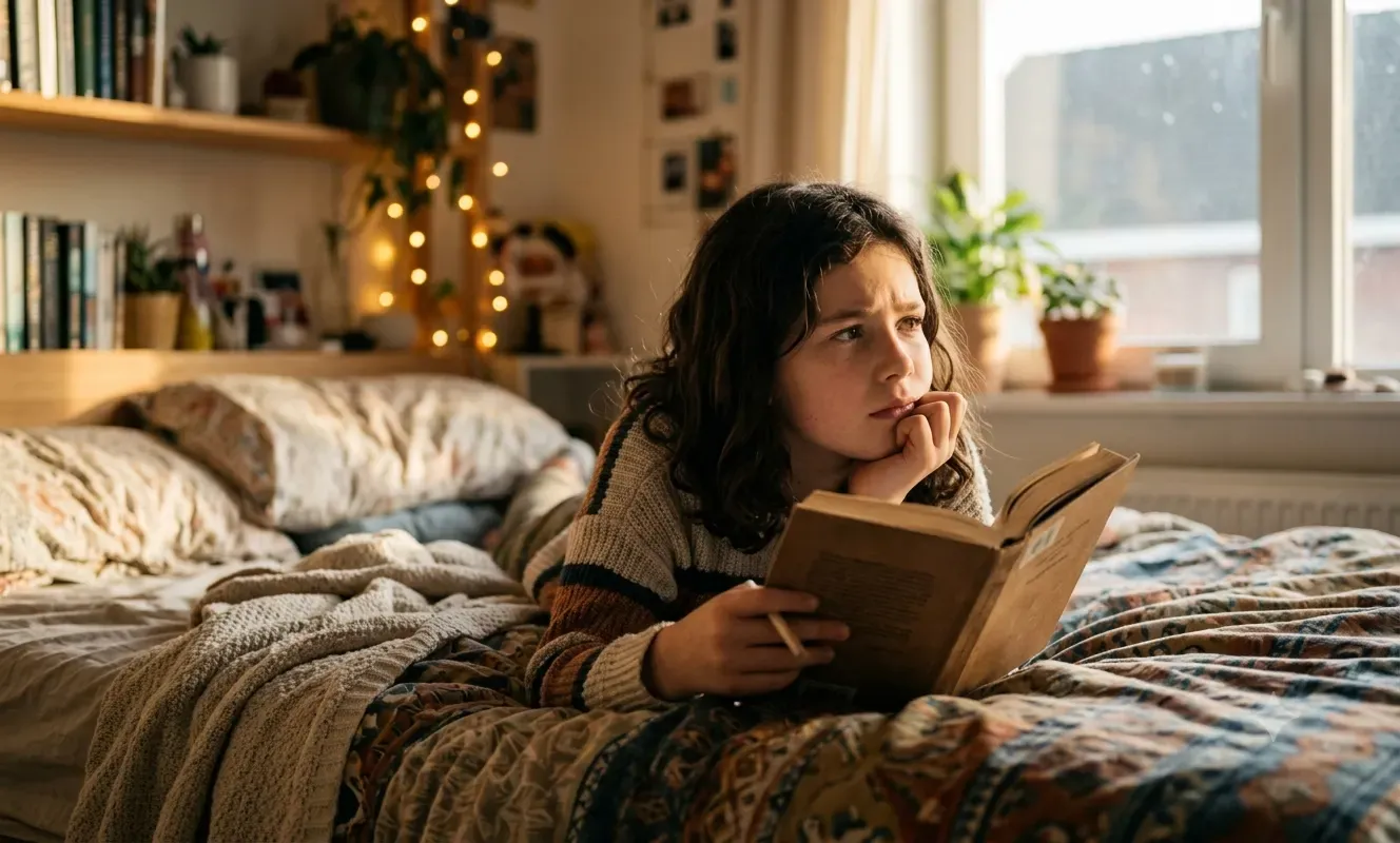 A child pausing mid-read with a finger on the page and a thoughtful expression, practising the prediction pause reading comprehension exercise