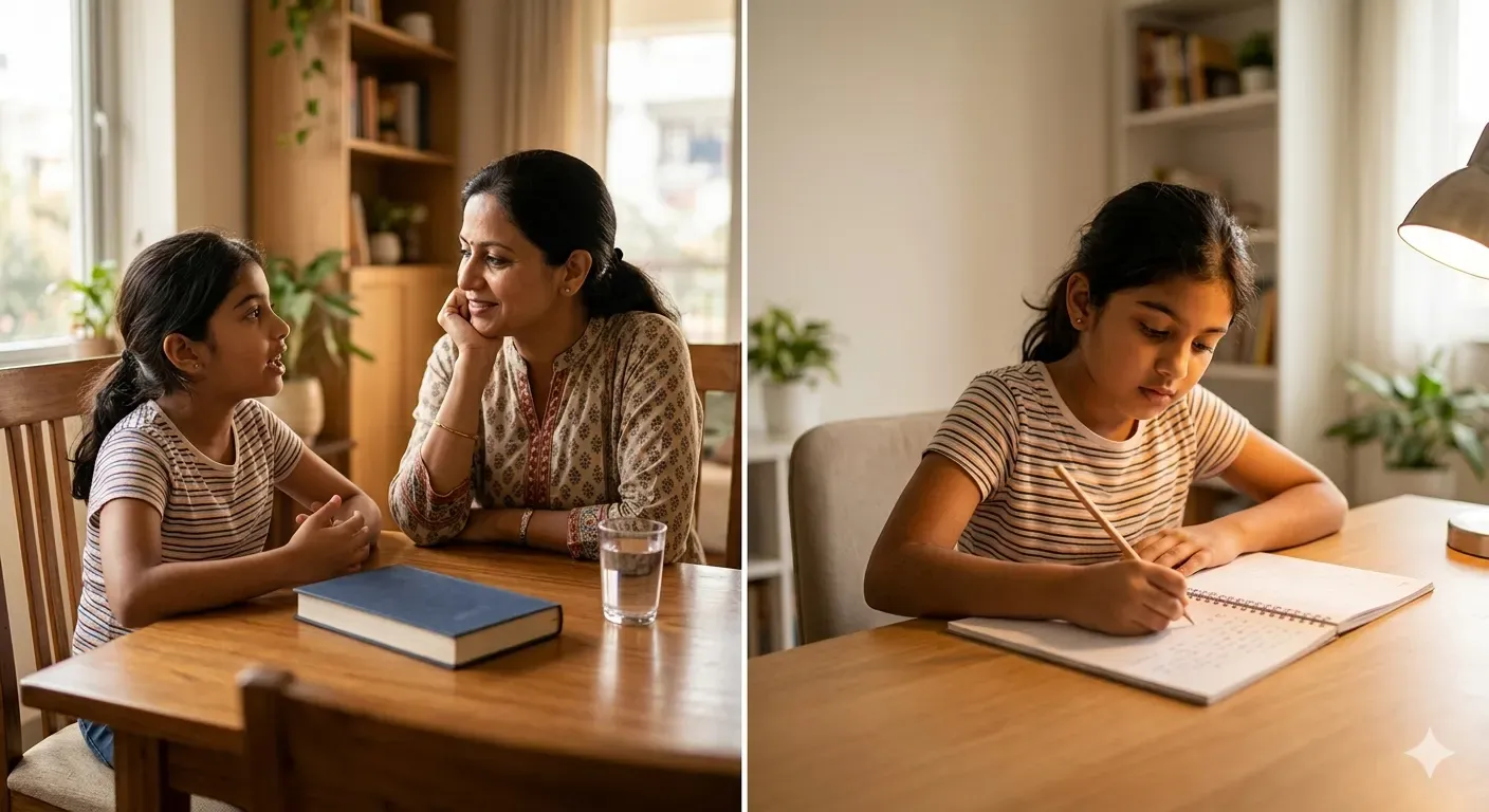 A split illustration showing two simple home exercises — a child retelling a story aloud on the left, and a child writing a short opinion response on the right — for parents assessing English skills before choosing an app