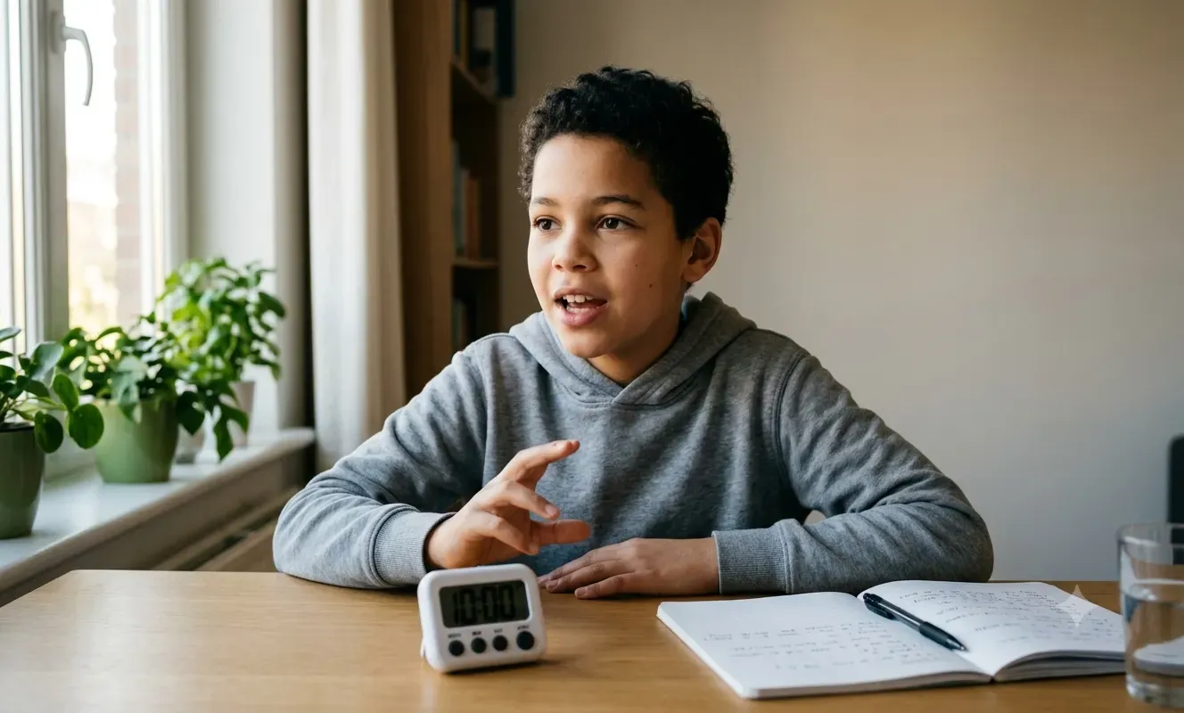A child speaking confidently with a small timer on a desk, practising spoken English at home as part of a daily routine