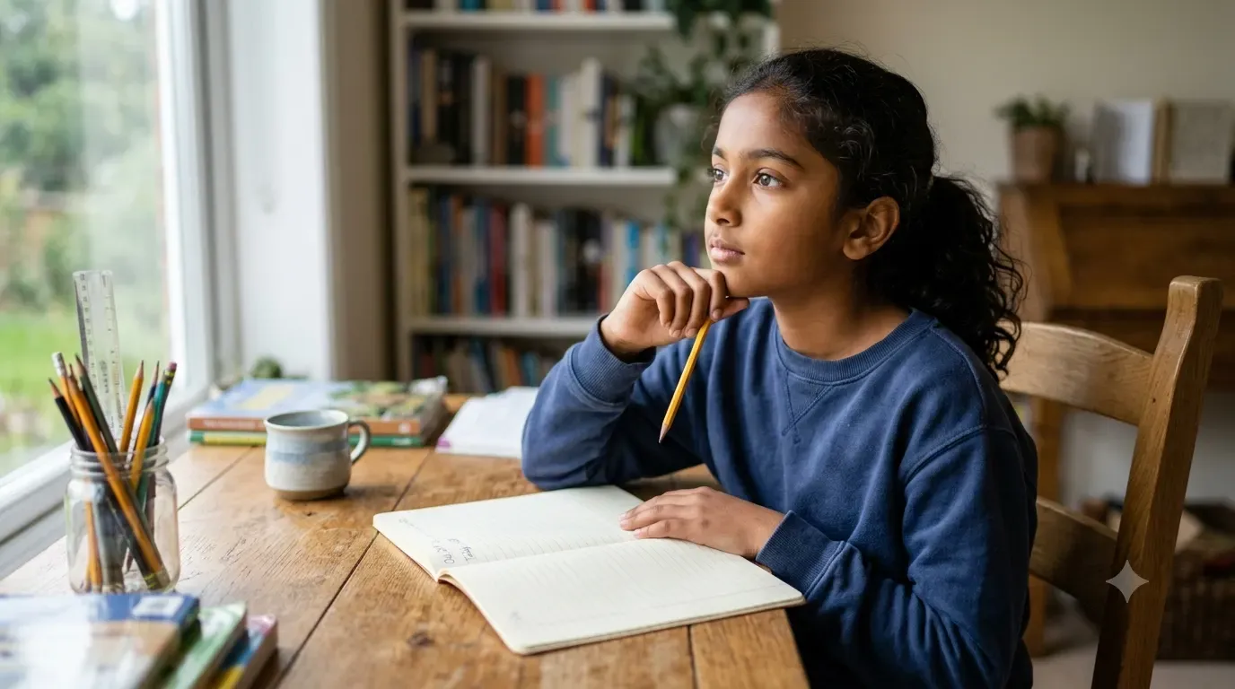 A child sitting at a desk with a pencil raised and a thoughtful expression, pausing before writing a response, representing the reflective thinking behind strong writing