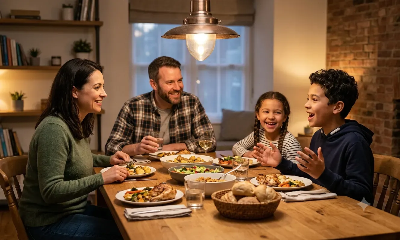 A family of four engaged in lively conversation around a dinner table with food, representing vocabulary word games played during mealtimes