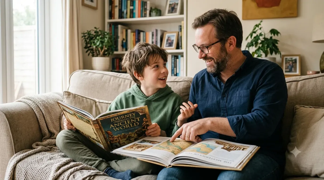 A parent and child having a conversation about a book together on a sofa, representing active reading practice and inference building through discussion