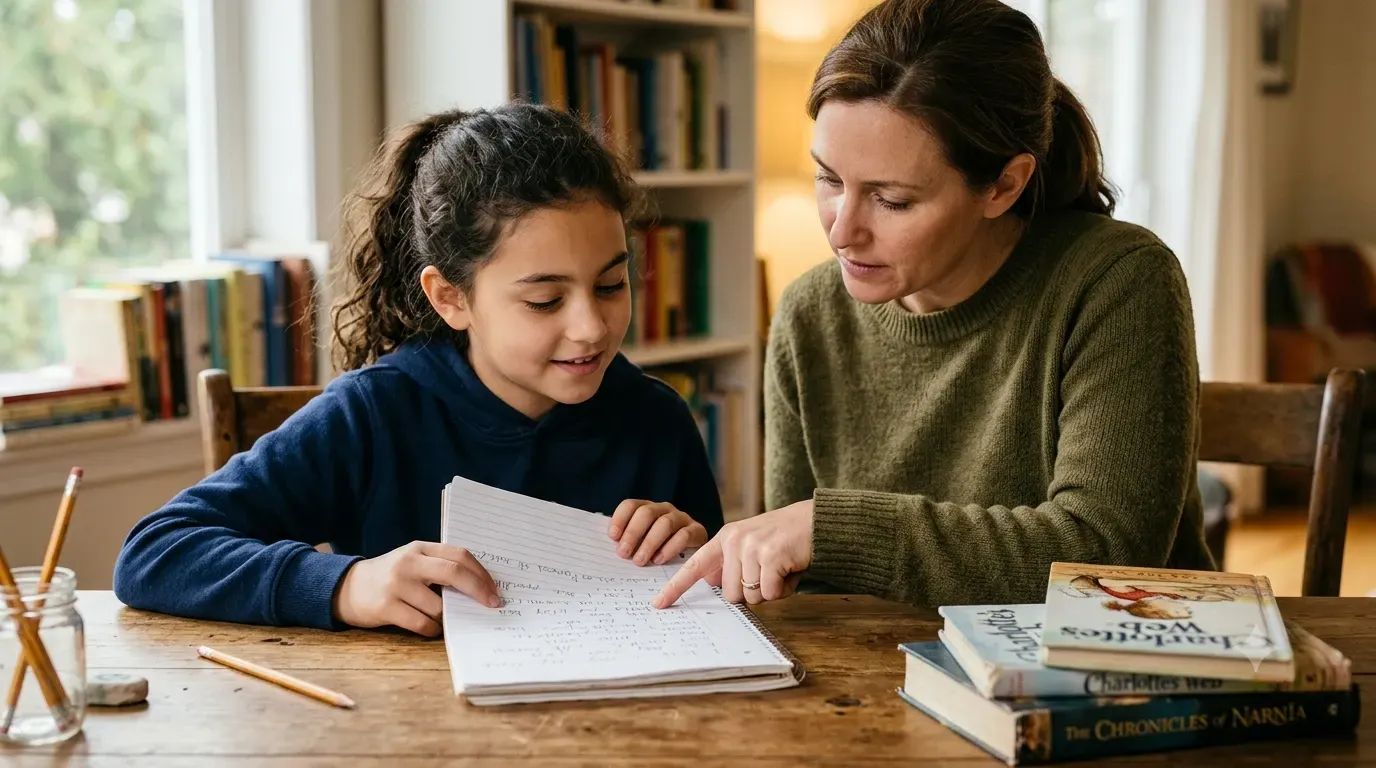 A parent sitting beside a child at a desk, pointing at specific lines in a handwritten piece of writing and discussing what to improve, representing targeted writing feedback