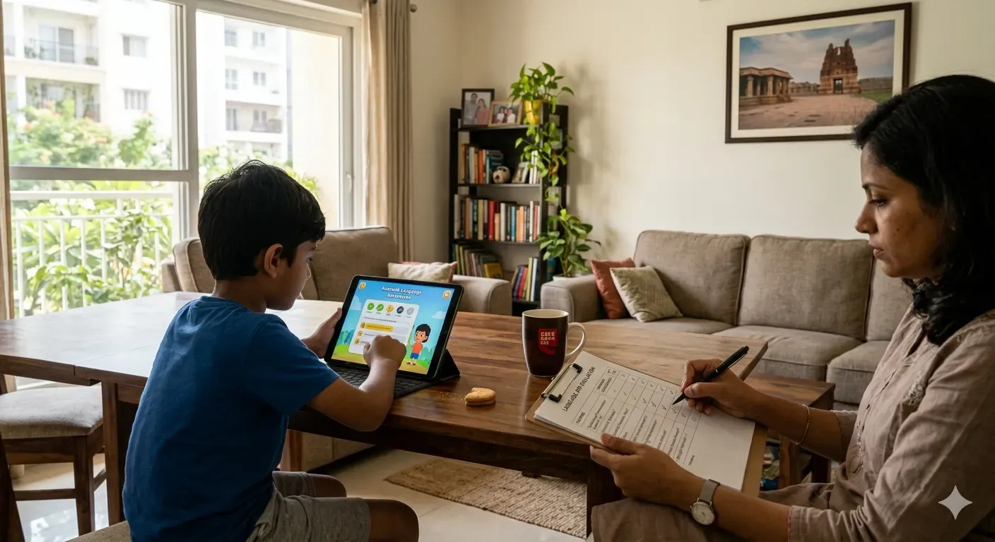 A realistic photograph of a young boy interacting with a language learning app on a tablet at a wooden table, while his mother sits beside him reviewing and marking a printed checklist on a clipboard in a bright living room