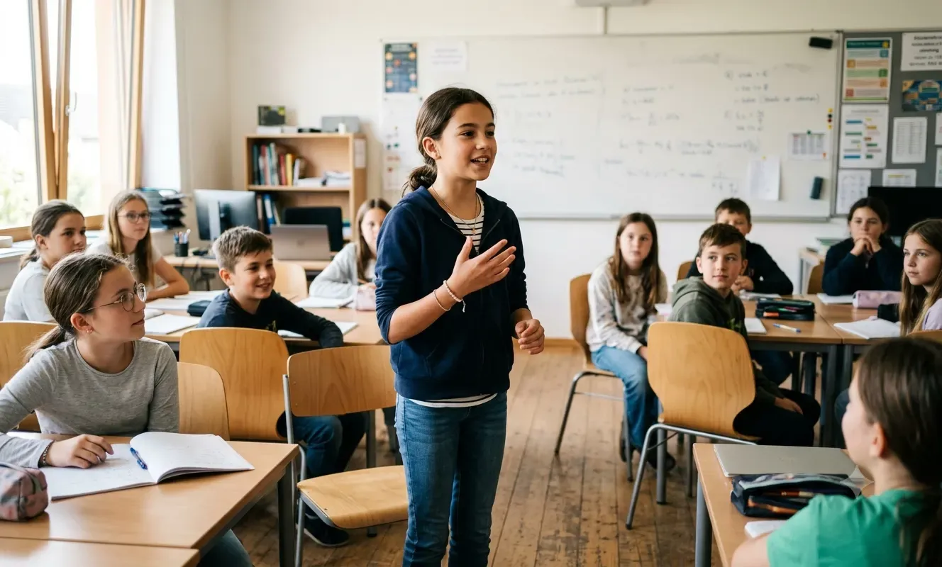 A confident upper primary school student presenting to classmates in a classroom, demonstrating spoken English communication skills expected in grades 3 to 10