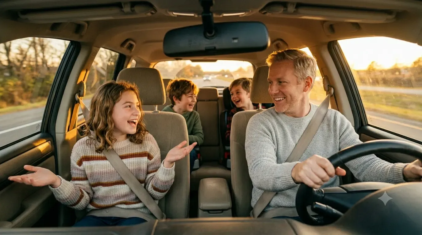 A family playing a word game together during a road trip, laughing in the back seat of a car with sunlight coming through the window