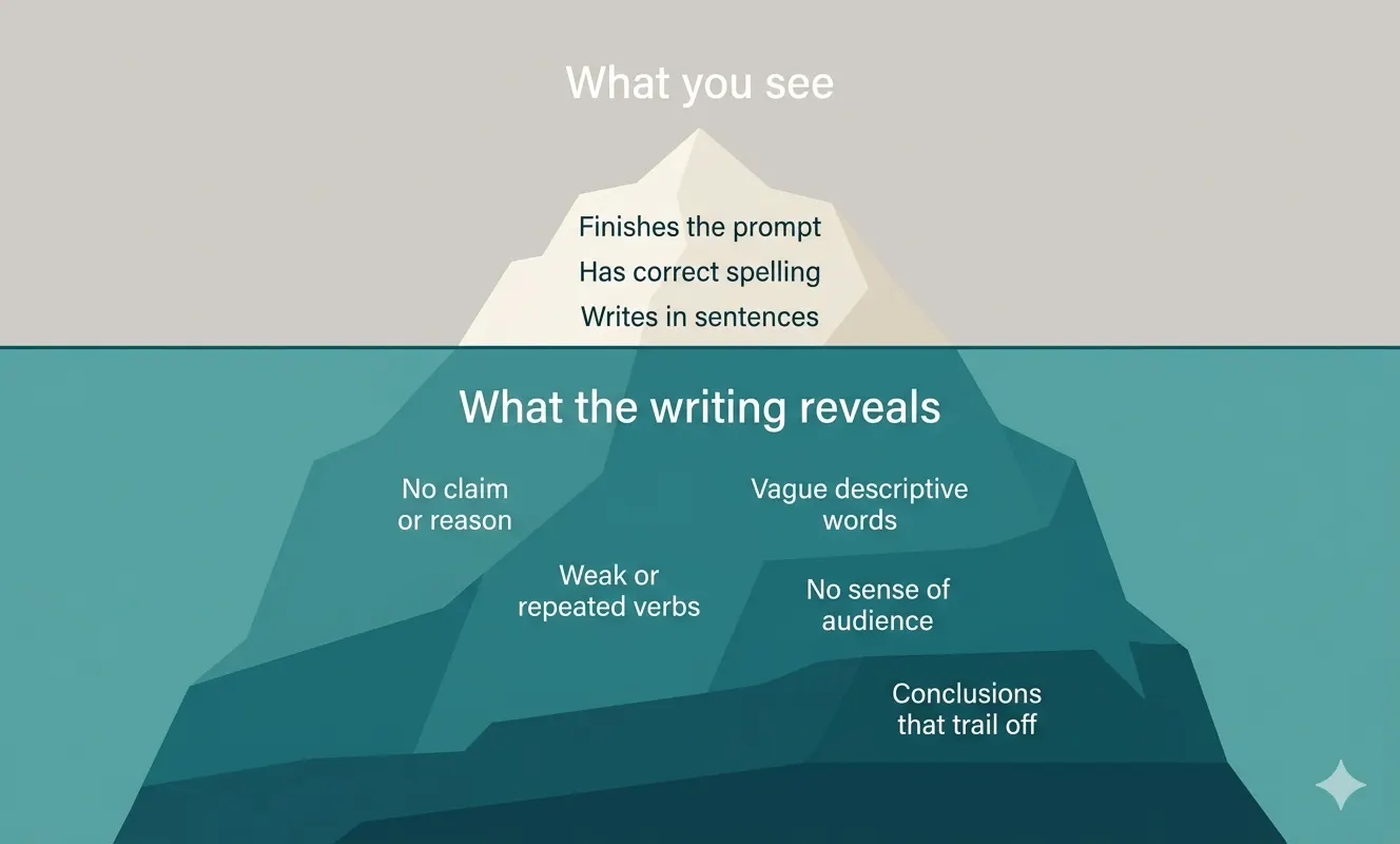 An iceberg diagram showing surface writing behaviors above the waterline and the underlying skill gaps below — representing what diagnostic writing prompts reveal about children's writing