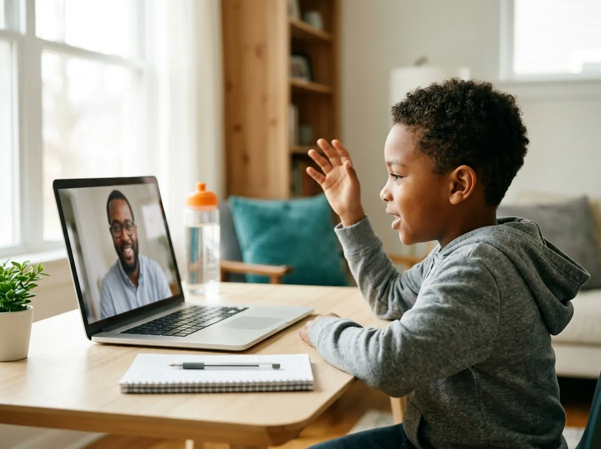 A boy explaining his idea to his coach in a live 1:1 online English class